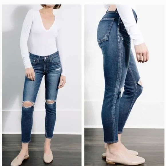 Moussy Vintage Isko Comfort IVEY Distressed Skinny Jeans in Dark Blue 24 - Picture 1 of 10